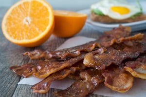 Coconut Nectar Candied Bacon with Eggs