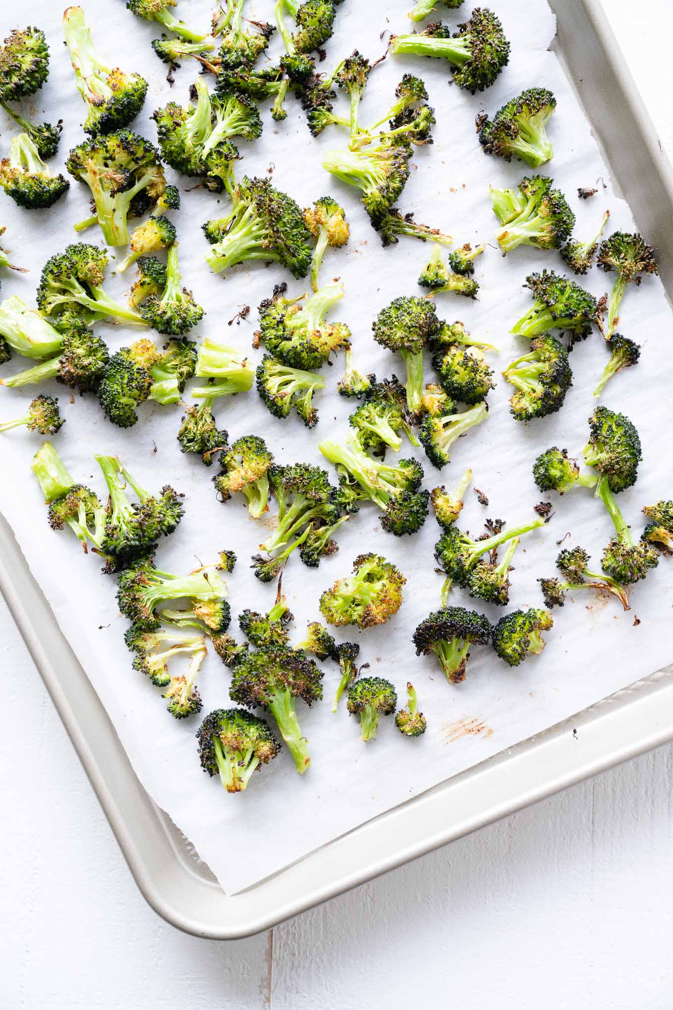 roasted broccoli on sheet tray just out of oven