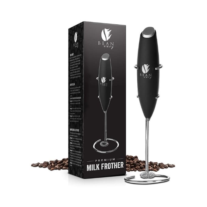 Premium Milk Frother Shown with Latte Whisk out of Box alongside Black Box