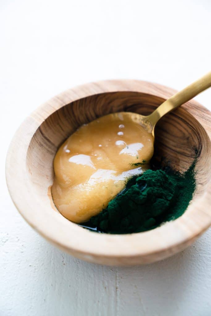 DIY Spirulina Honey Face Mask - Ingredients in Wooden Bowl - Free Your Fork